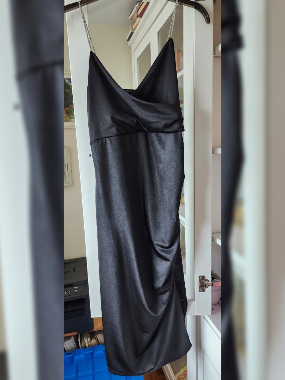 Black over the knee dress with side ruching and slit